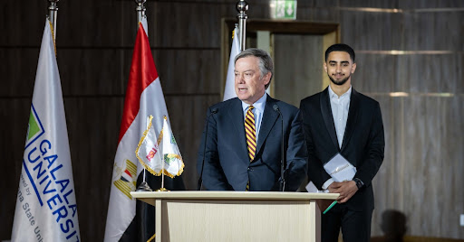 President Crow giving a speech during the visit at Galala Univeristy